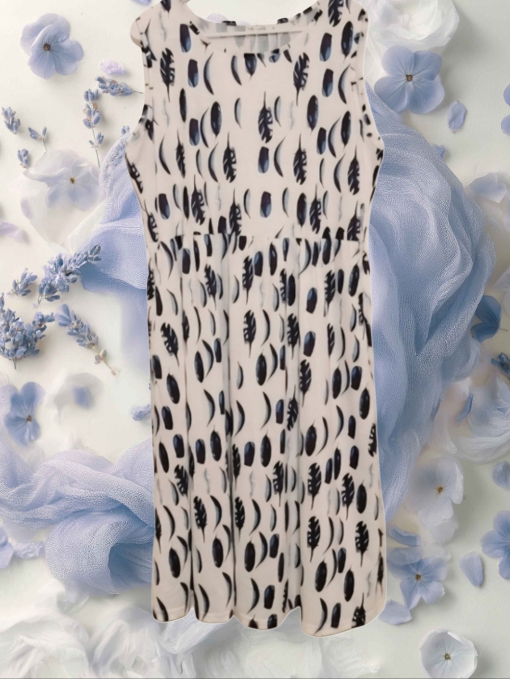 Blue Feather Print Dress - Blue And White